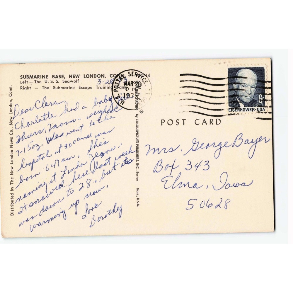 Vintage Greetings From Submarine Base New London CT Postcard USS Seawolf 1971 - Picture 2 of 2